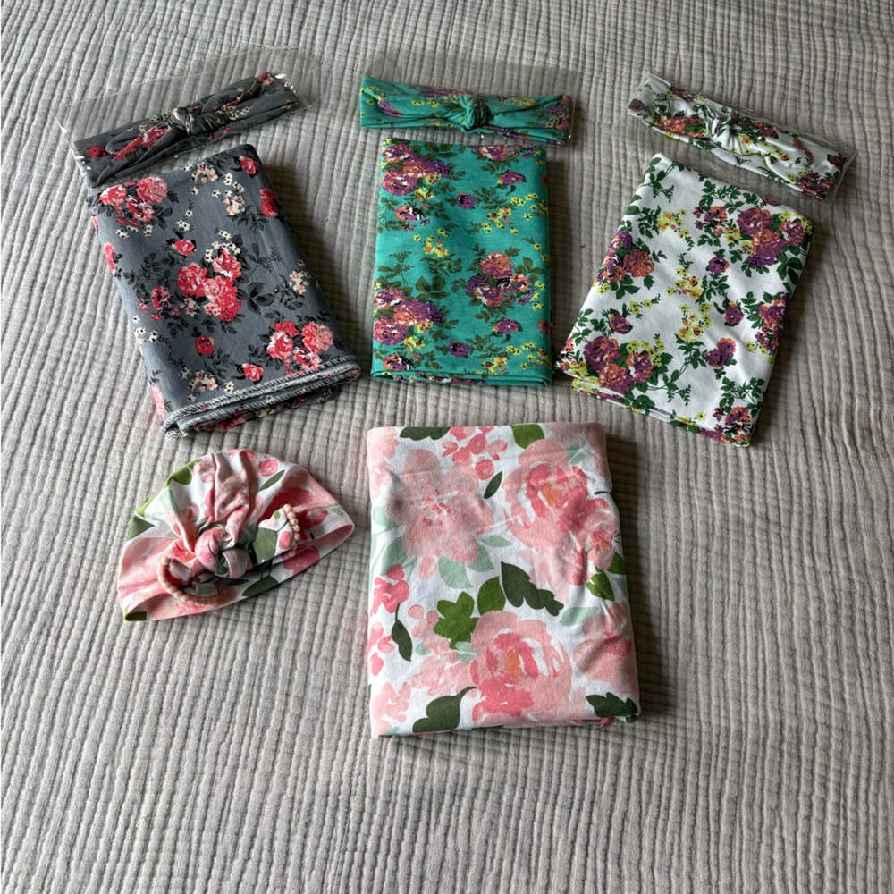 NWOT. Floral Knit Headwraps and Swaddle Set - Pink, Gray, Teal, White.